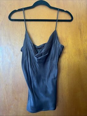 Zara - New With Tag - Silky Cowl Neck Spaghetti Strap Tank Top - Brown